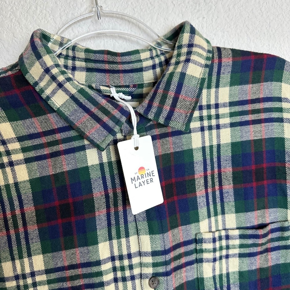 Marine Layer Mens Plaid Flannel Button Down Shirt Green Navy Red Large 18296 NEW